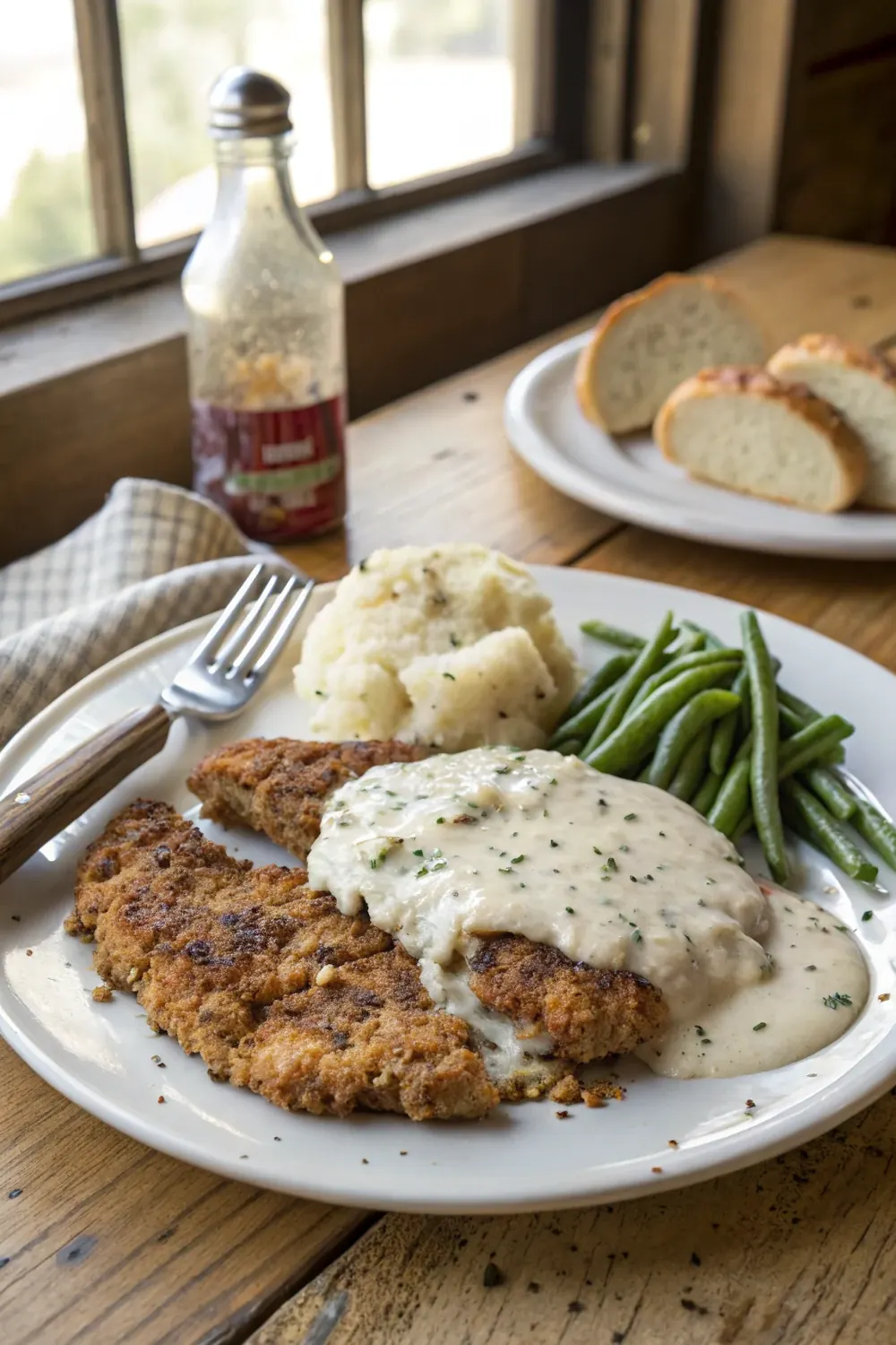 Vertical Texas chicken-fried steak with cream gravy on rustic plate, save this state dish recipe with double-dredged buttermilk crust