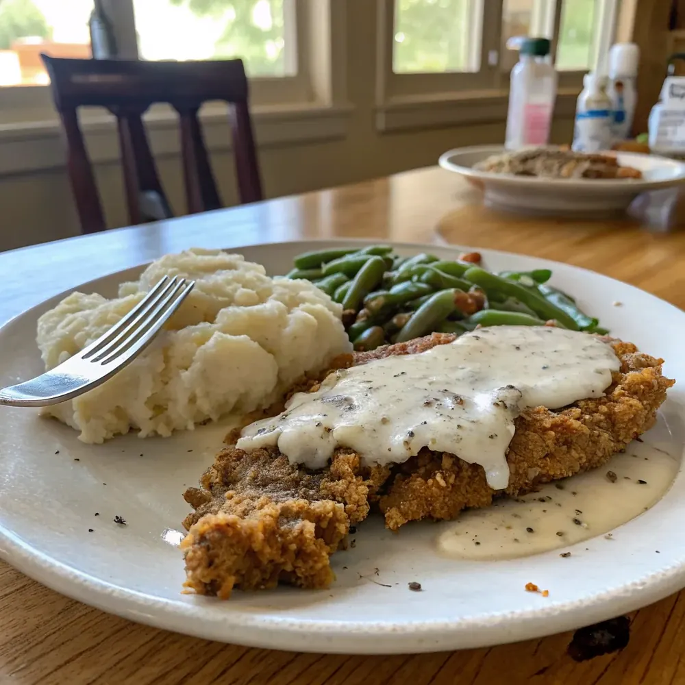 Overhead view of chicken-fried steak plate with mashed potatoes, green beans, and biscuit, white cream gravy poured over steak and potatoes