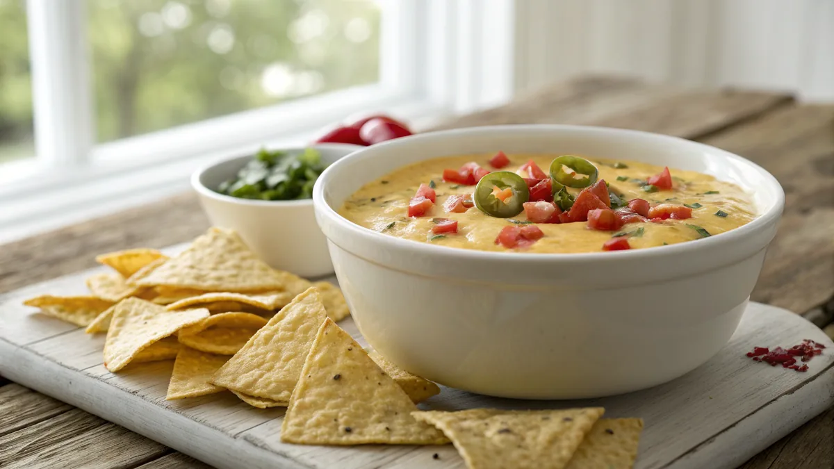 A plain white ceramic bowl of glossy yellow-orange chile con queso flecked with diced roasted green chile and red tomato, surrounded by thin golden tortilla chips on a weathered wooden table in warm afternoon light