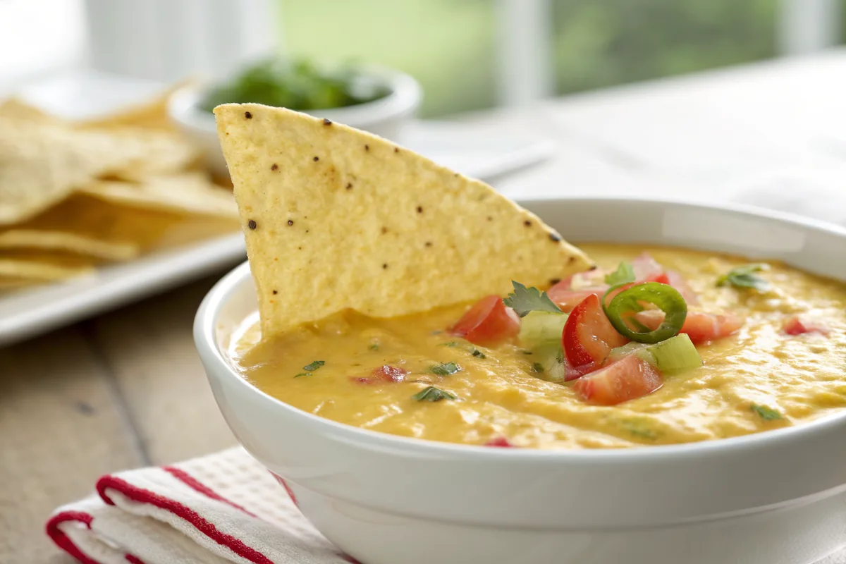 Close-up of a thin tortilla chip resting in a bowl of smooth glossy yellow chile con queso, the melted cheese coating the chip in a thick even layer, small pieces of green chile and red tomato visible on the surface