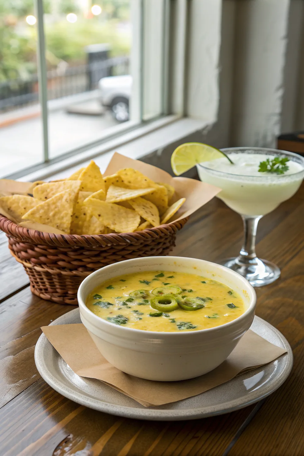 Vertical composition of a tall plain ceramic bowl of glossy yellow chile con queso with green chile flecks, a basket of thin tortilla chips behind it and a salt-rimmed margarita glass beside it on a rustic wooden table