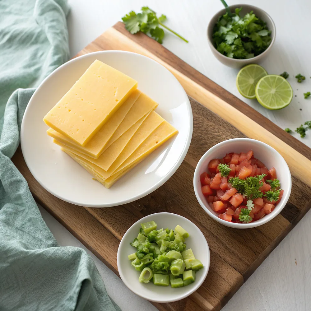 Overhead view on a wooden counter of a stack of thick yellow cheese slices on a white plate, a small bowl of diced roasted green chiles, a small bowl of diced tomato, a halved lime, and a small dish of chopped cilantro leaves