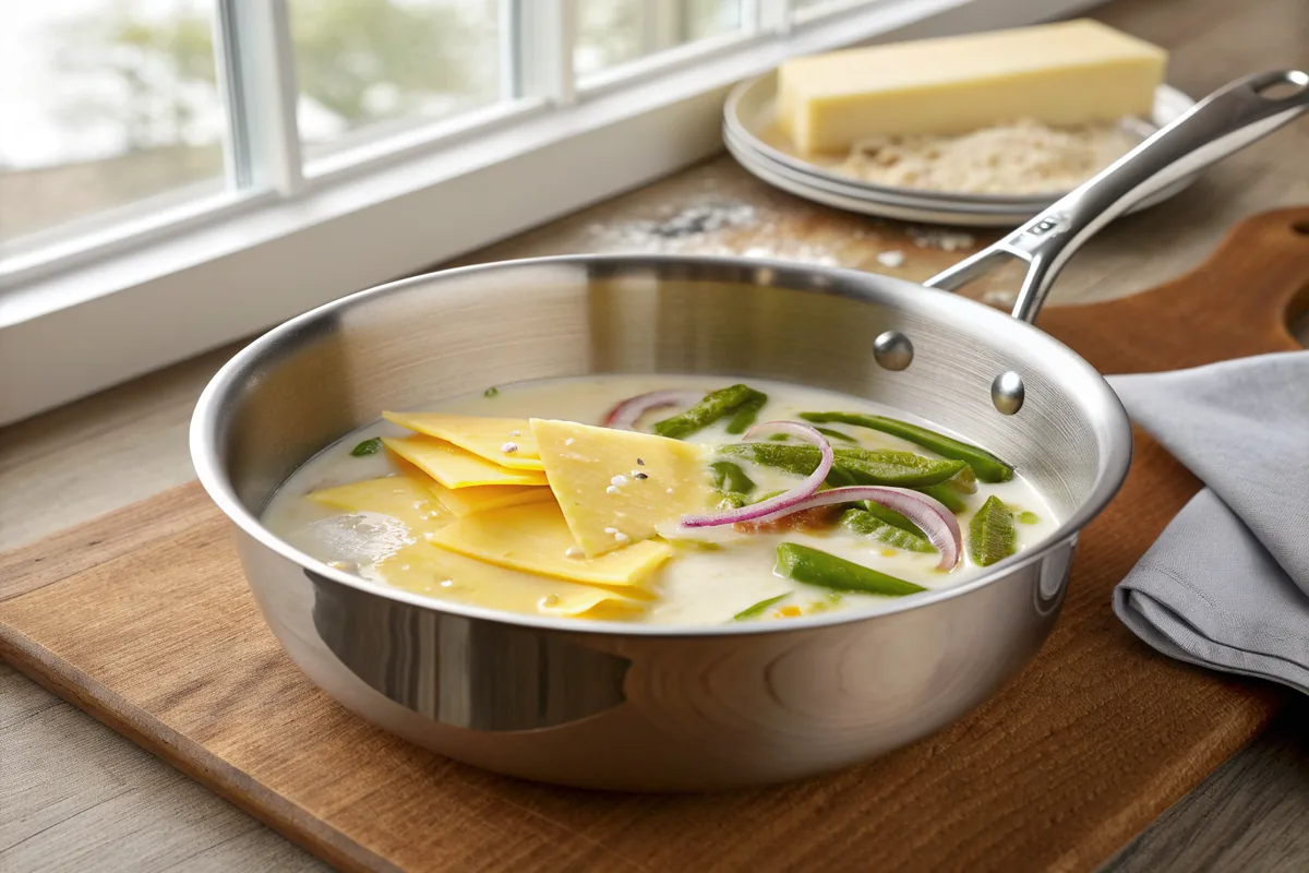 A heavy stainless saucepan on a wooden table holding softened diced onion and roasted green chiles in a shallow layer of pale evaporated milk with torn slices of yellow cheese resting on top and partly melted