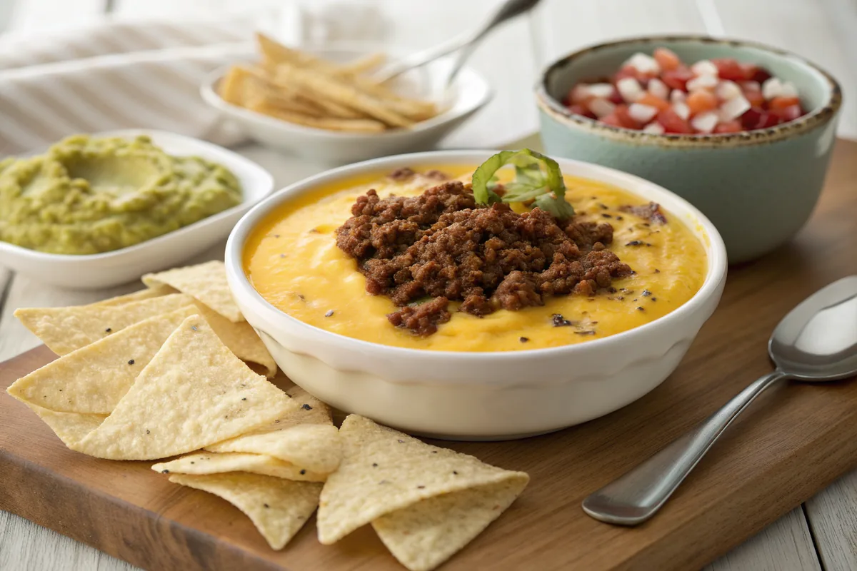 A wide shallow ceramic bowl of yellow chile con queso topped in the center with a mound of crumbled seasoned ground beef, a scoop of pale green guacamole beside it, and a spoonful of red and white pico de gallo, tortilla chips around the rim