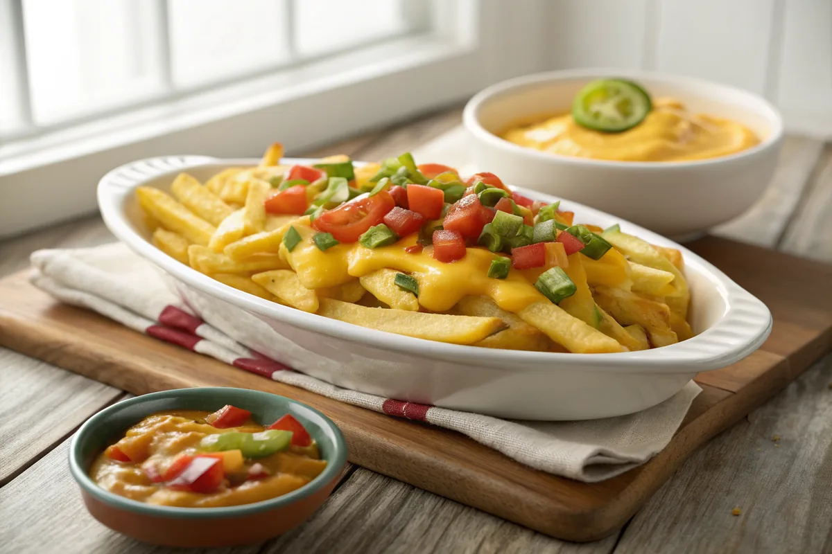 A shallow oval ceramic dish of crisp golden french fries blanketed in glossy yellow chile con queso with diced green chile and tomato scattered across the top, resting on a wooden table beside a small bowl of extra queso