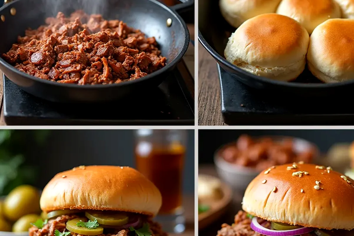 Close-up of chopped beef sandwich showing texture, color, and serving detail