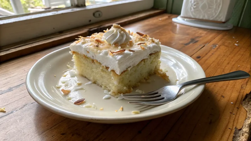 Close-up of a tres leches cake being cut showing the saturated wet sponge texture, milky liquid dripping from the cut edge, toasted coconut shavings on top, magazine quality
