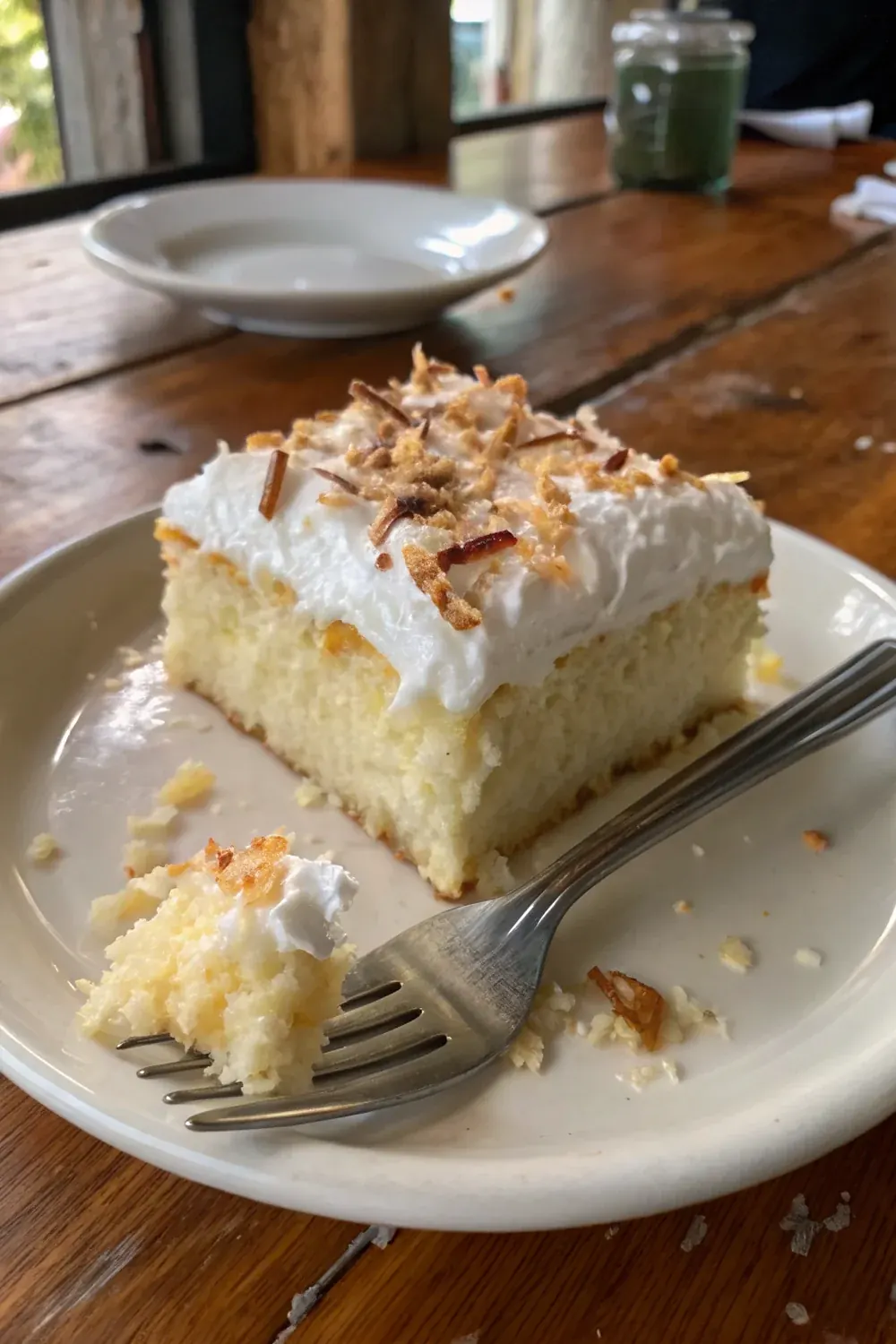 Vertical view of a slice of coconut tres leches cake on a fork, milky liquid running down the side, toasted coconut visible on top, dramatic side lighting, Texas-Mexican dessert table aesthetic