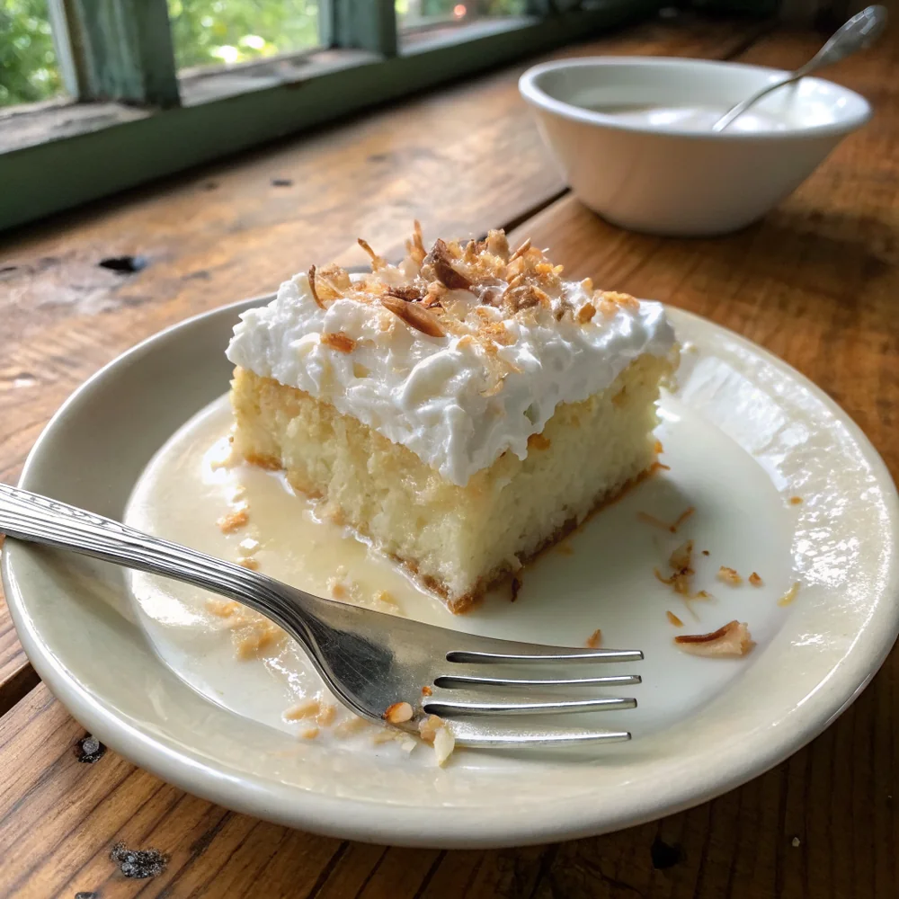 Overhead view of a whole 9x13 tres leches cake in its baking dish topped with whipped cream and toasted coconut shavings, slices already cut and one removed showing the wet interior, family-style Texas table