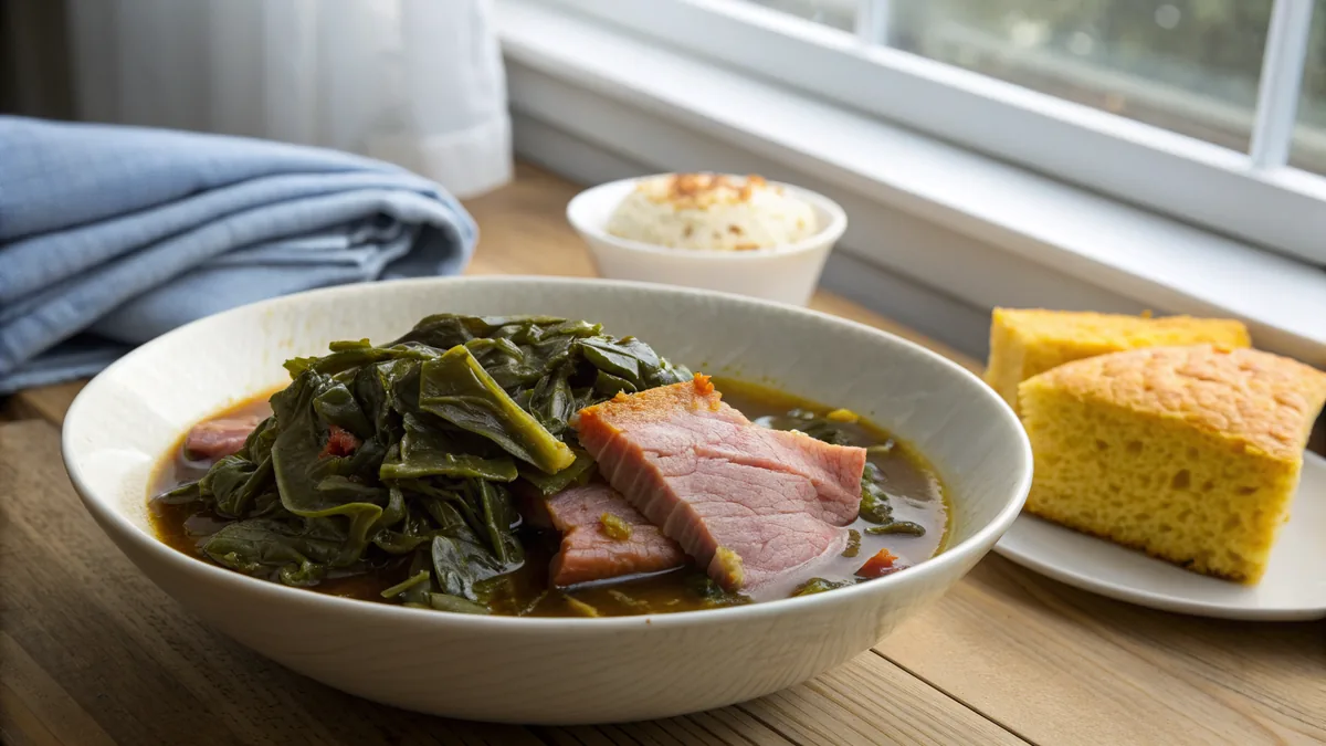 A deep bowl of dark green simmered collard greens in a glossy brown broth with a piece of smoked ham hock and a wedge of golden cornbread on a wooden table