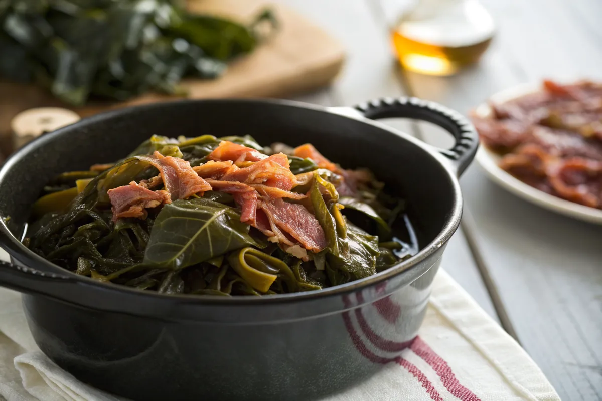 Close-up of silky dark green collard ribbons and shreds of smoked pork glistening in amber potlikker in a black enameled pot