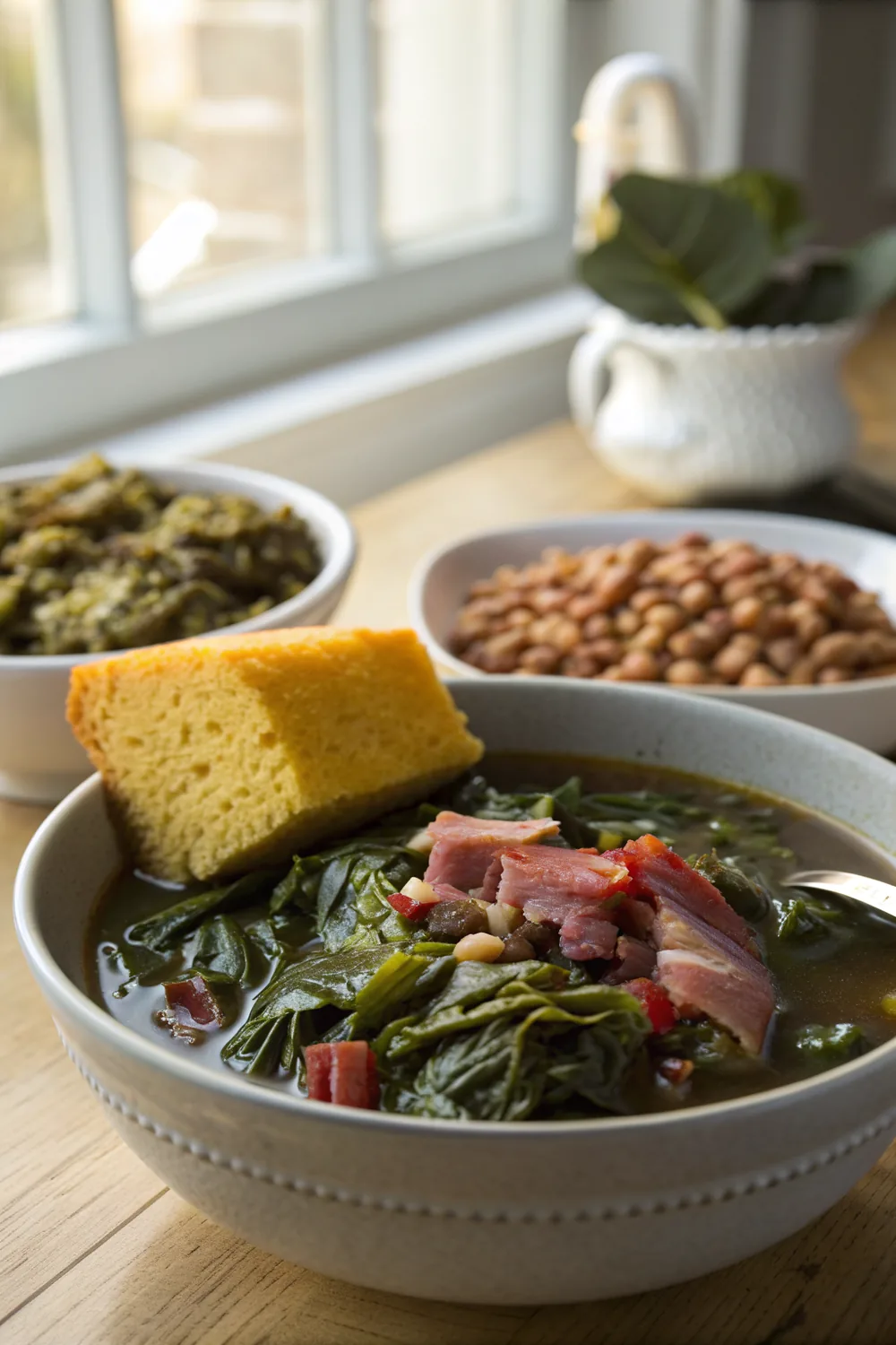 Vertical composition of a bowl of Southern collard greens with smoked ham hock in dark broth, a wedge of cornbread resting on the rim, and a pot of black-eyed peas behind it in warm light