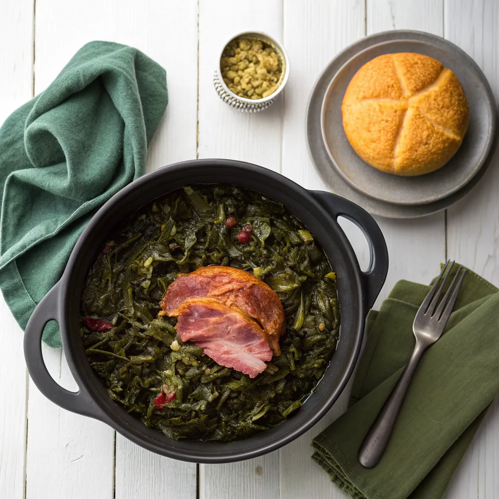 Overhead view of a large black pot of dark simmered collard greens with a smoked ham hock in the center on a white wooden table, a round golden cornbread on a gray plate beside it and a folded green napkin