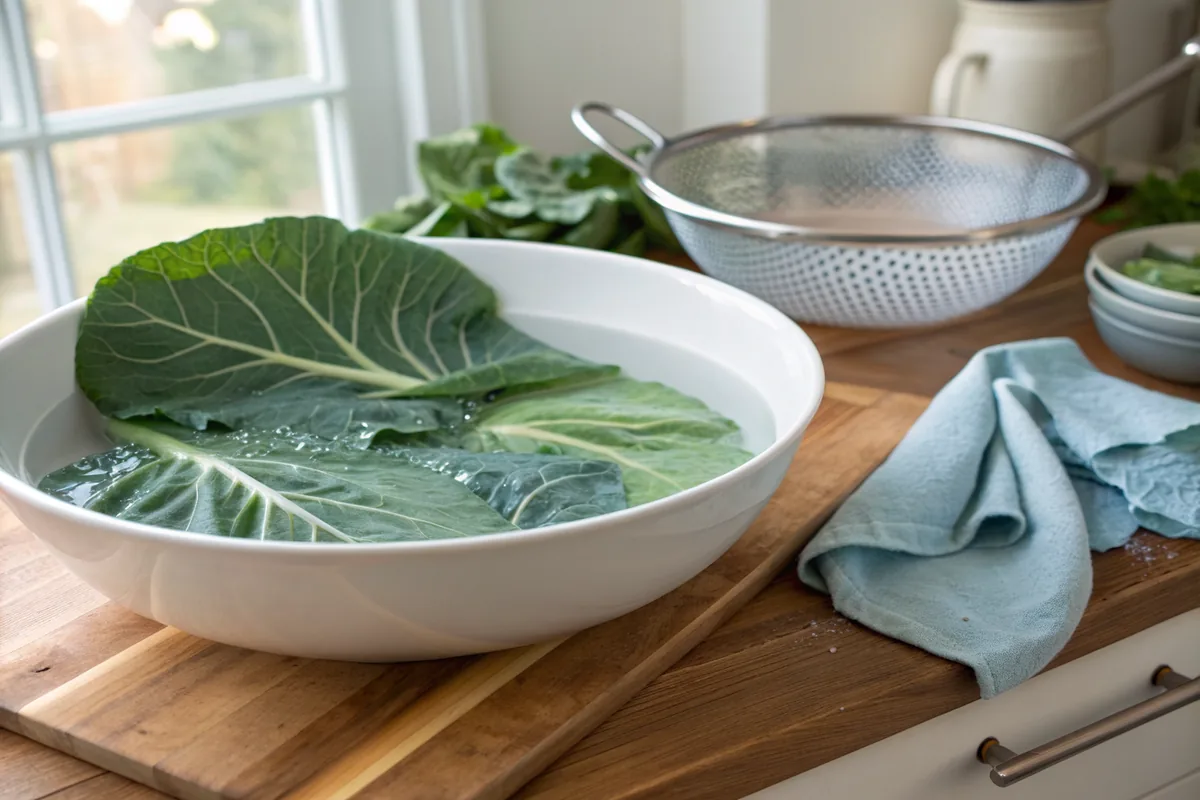 Large flat blue-green collard leaves submerged in a wide bowl of clear cold water on a wooden counter with a colander beside it