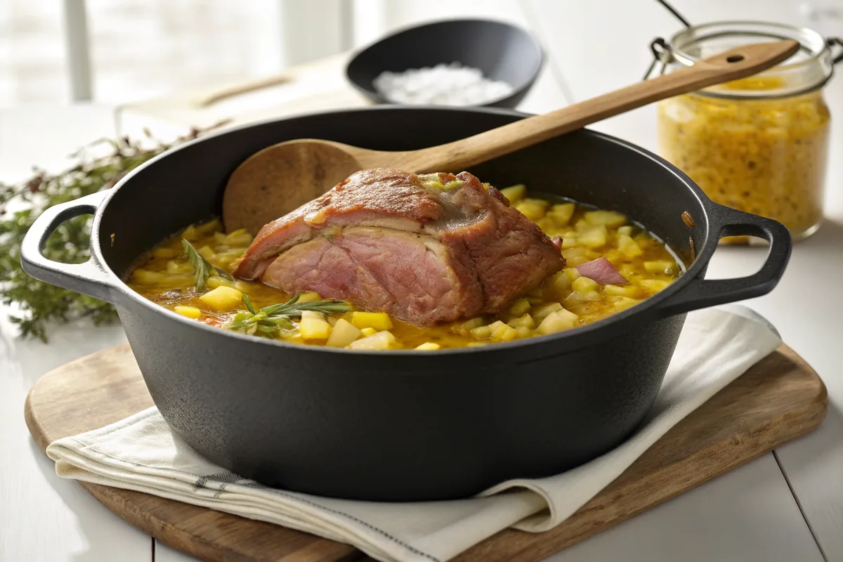A smoked ham hock and diced yellow onion simmering in golden broth in a large black Dutch oven with a wooden spoon resting on the rim