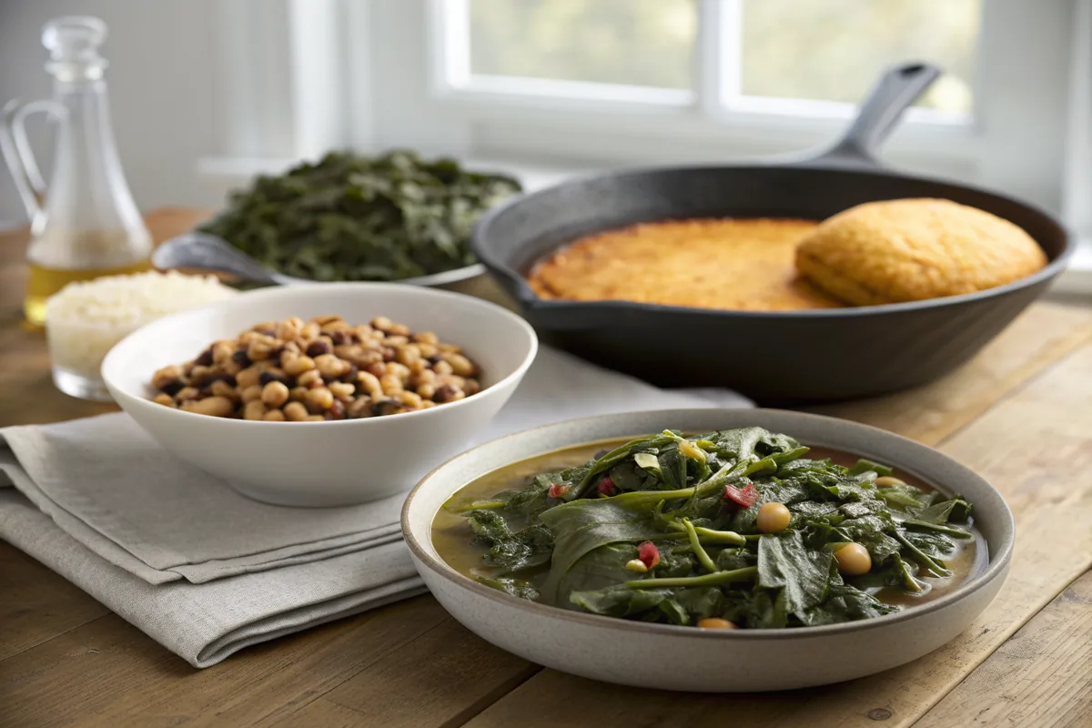 A New Year table set with a bowl of dark collard greens in broth, a bowl of black-eyed peas, and a cast iron skillet of golden cornbread on a wooden table