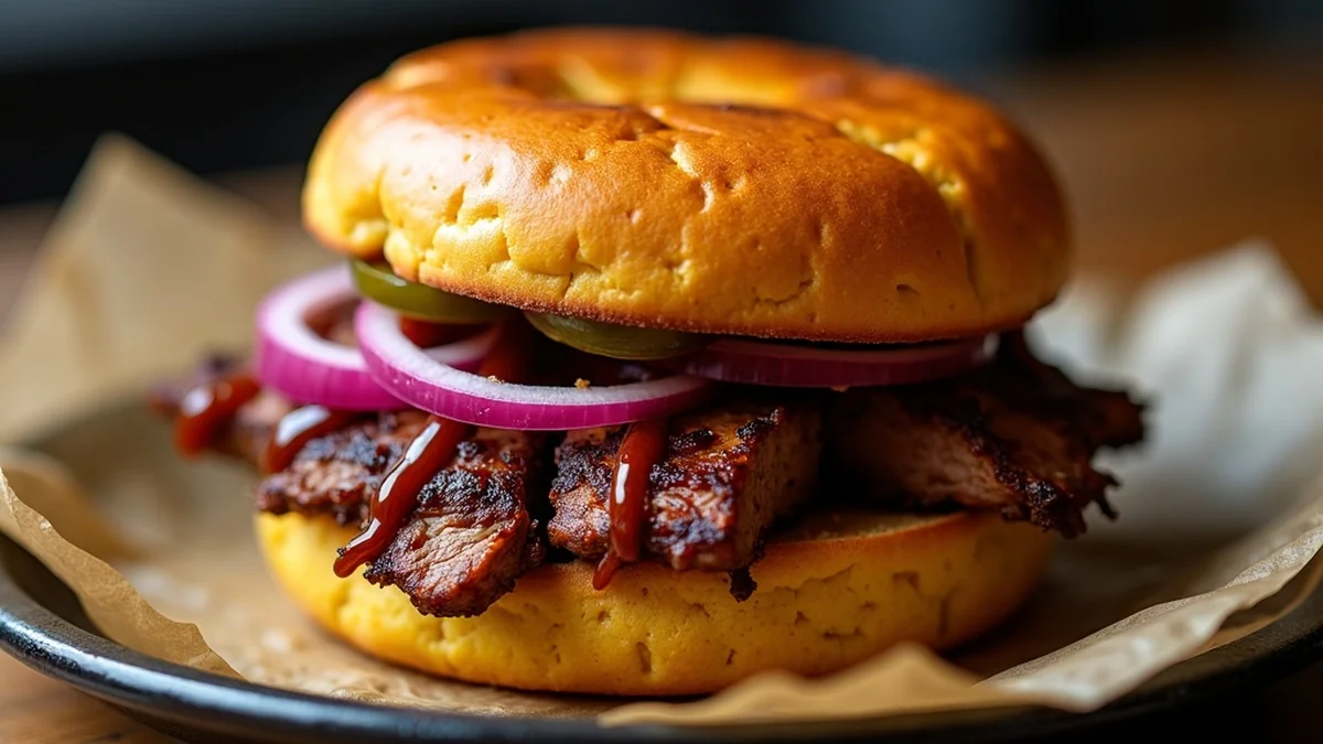 Open-face cornbread brisket sandwich on butcher paper showing chopped brisket, pickled red onion rings, jalapeno slices, BBQ sauce drizzle on thick golden cornbread slab