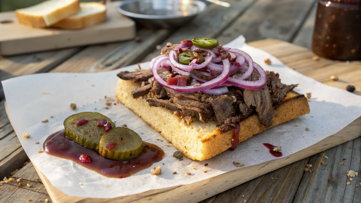Open-face cornbread brisket sandwich on butcher paper showing chopped brisket, pickled red onion rings, jalapeno slices, BBQ sauce drizzle on thick golden cornbread slab