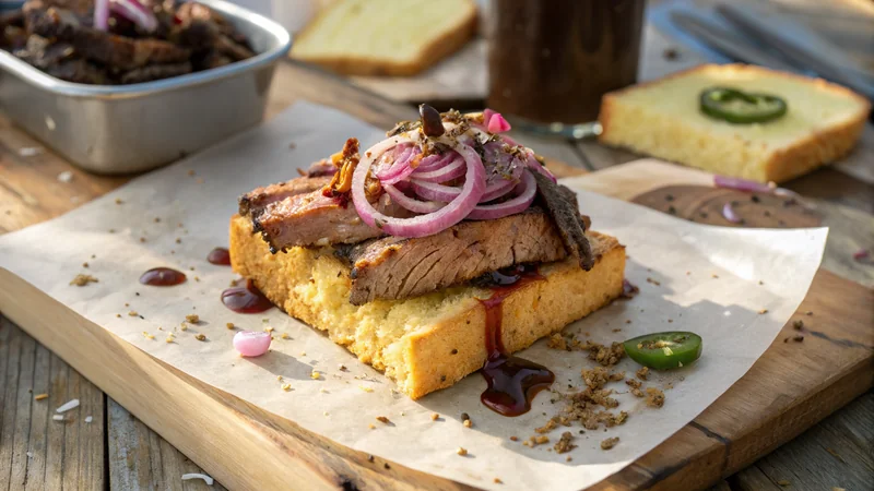 Close-up of brisket layered between two jalapeno cornbread slabs, cornbread crumb visible, brisket smoke ring visible at the edge