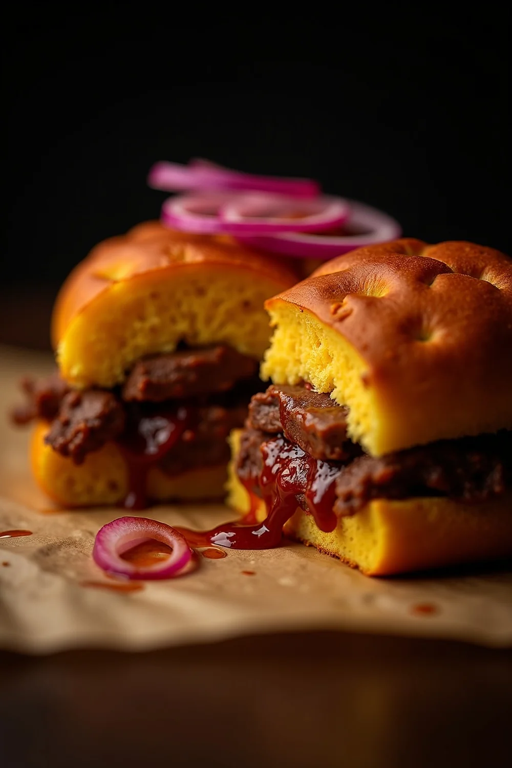 Vertical view of the cornbread brisket sandwich, cut in half on butcher paper, showing the pink smoke ring layer and golden cornbread crumb