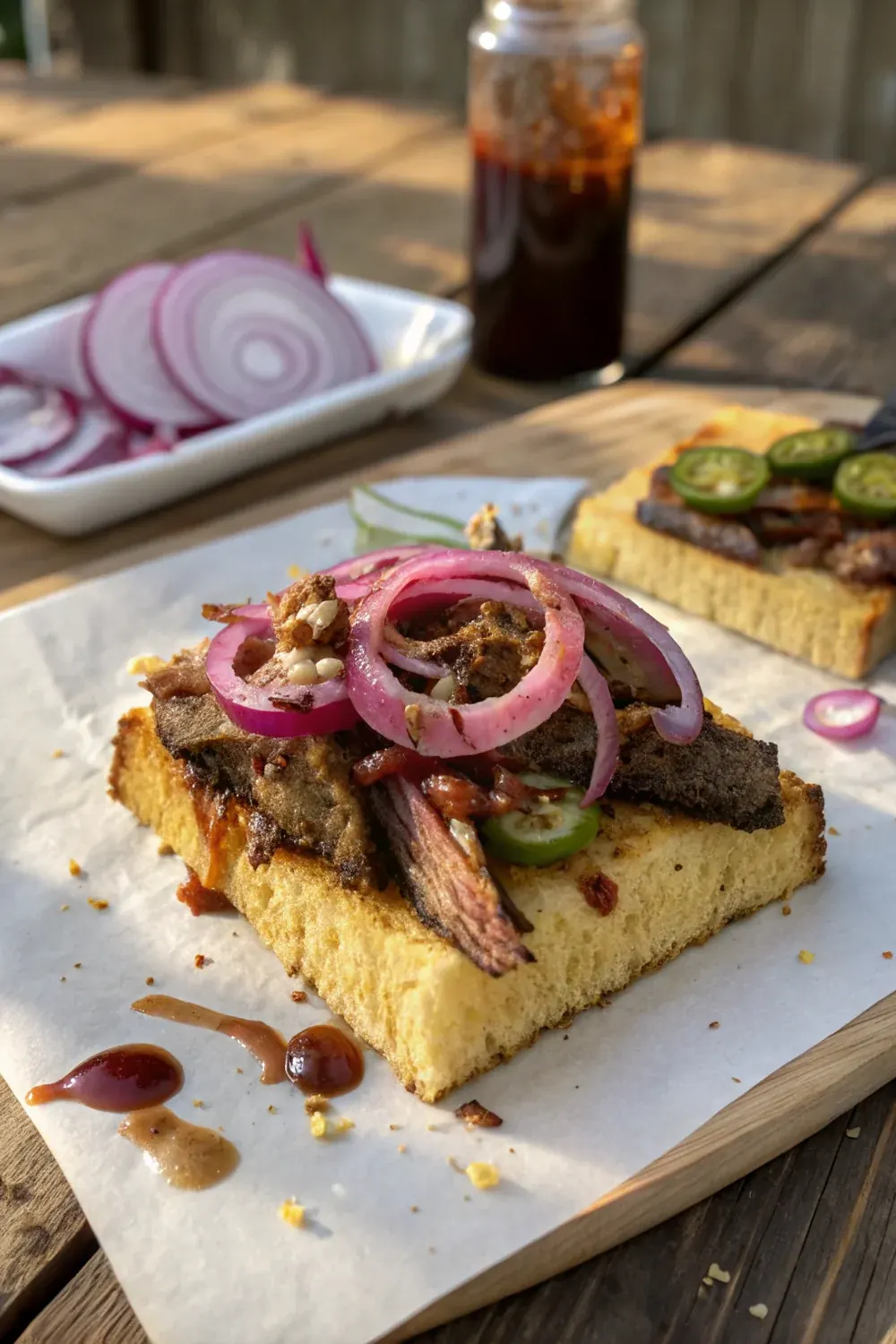 Vertical view of the cornbread brisket sandwich, cut in half on butcher paper, showing the pink smoke ring layer and golden cornbread crumb