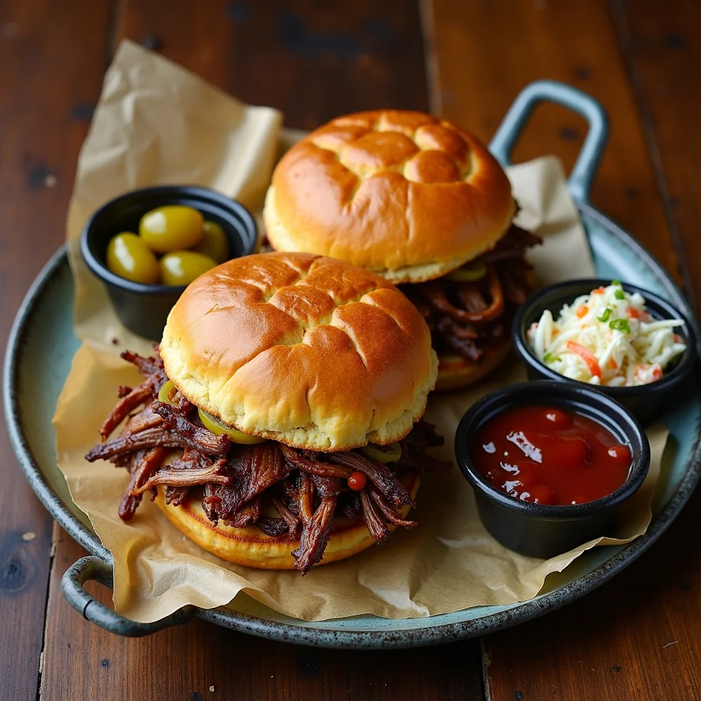 Overhead view of the cornbread brisket sandwich on a rustic enamelware plate with a side of pickled jalapenos, slaw, and BBQ sauce ramekin
