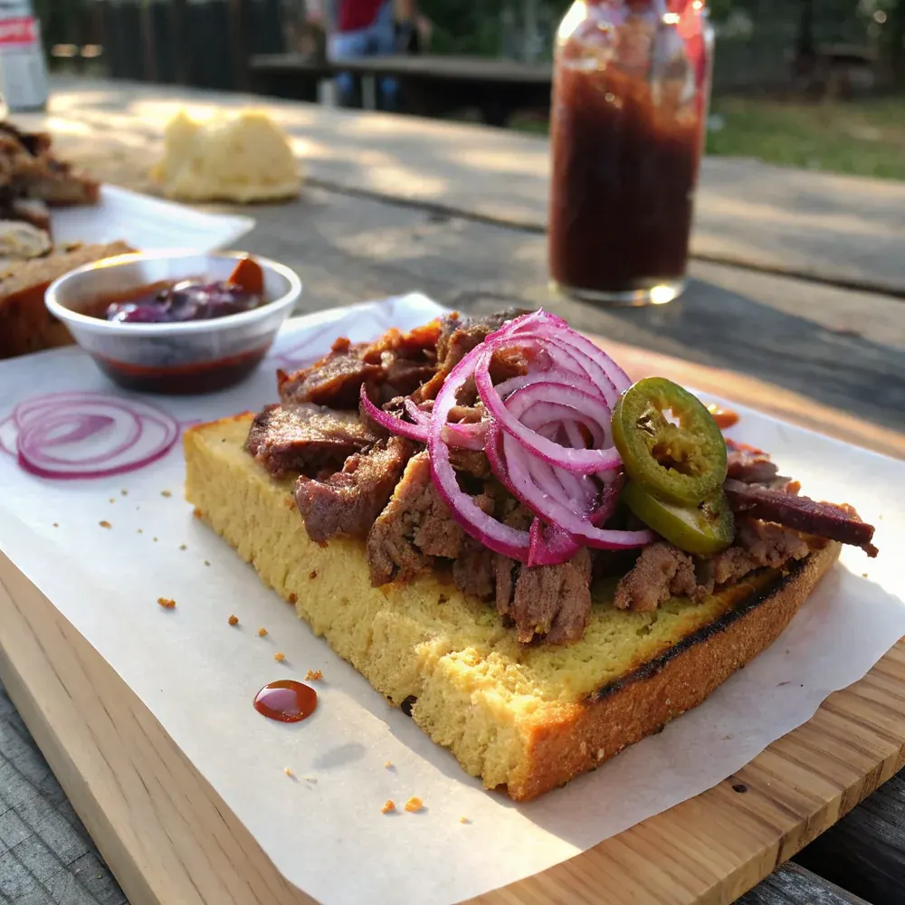 Overhead view of the cornbread brisket sandwich on a rustic enamelware plate with a side of pickled jalapenos, slaw, and BBQ sauce ramekin
