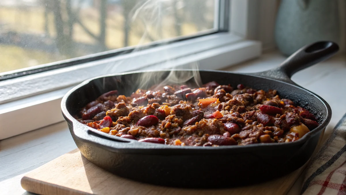 Cast iron skillet of cowboy beans with browned ground beef, bacon pieces, and mixed beans in a glossy dark sauce, steam rising