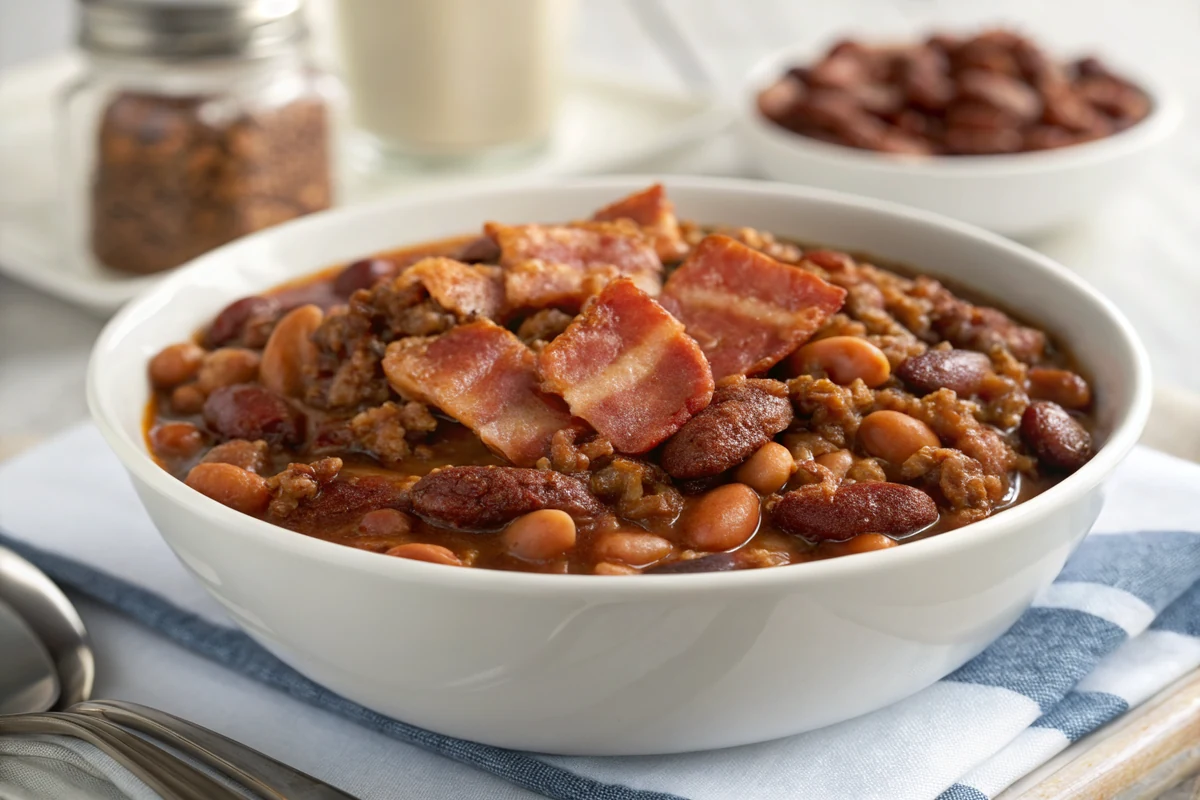 Close-up of cowboy beans showing crumbled ground beef, curled bacon pieces, and three different beans in a thick sweet-smoky sauce