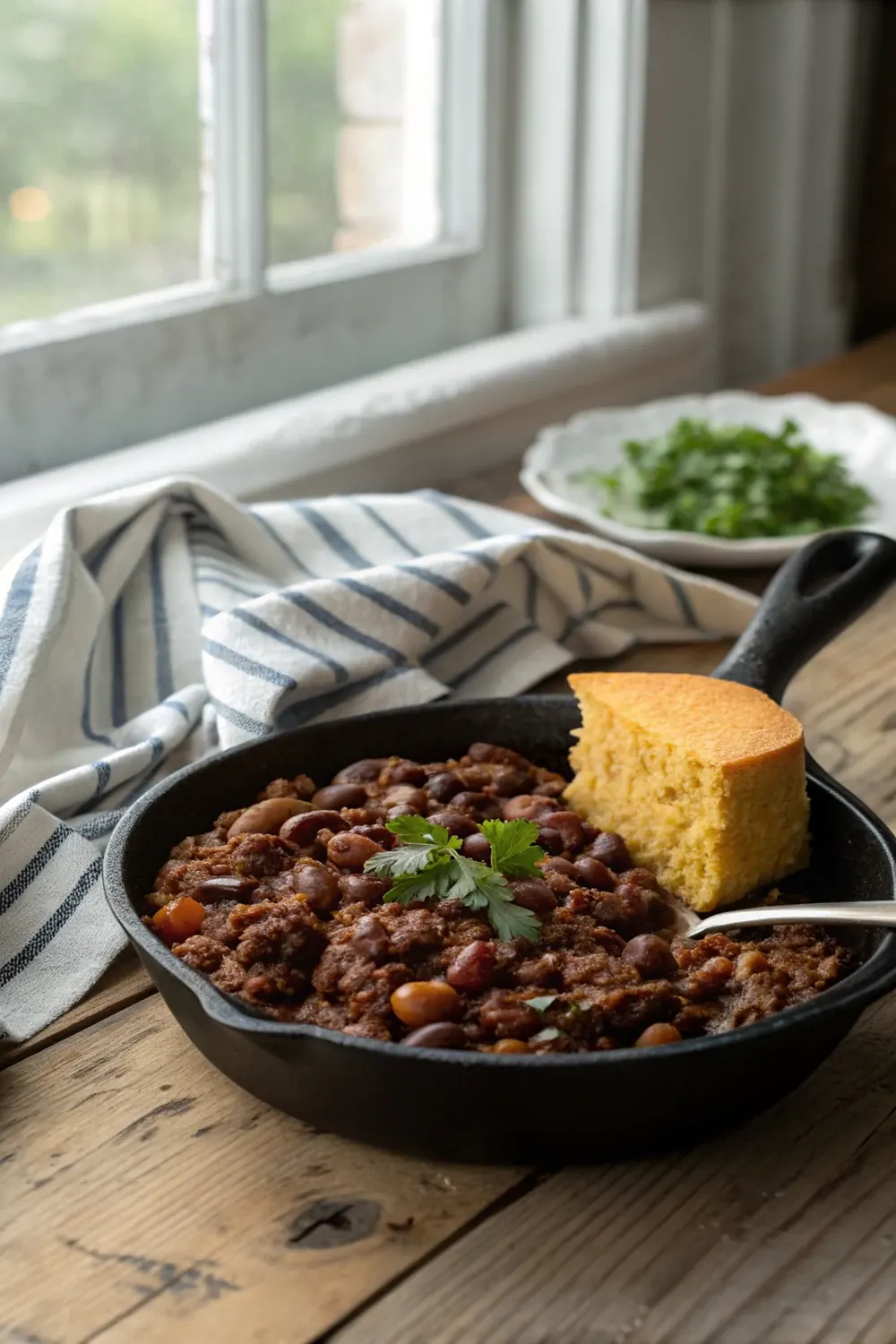 Vertical shot of a cast iron skillet of meaty cowboy beans beside a bowl serving and a wedge of cornbread on a rustic wooden table