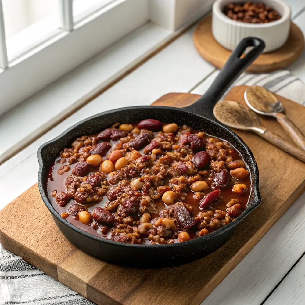 Overhead view of a skillet of hearty cowboy beans with visible ground beef and mixed beans in dark glossy sauce on a wooden board