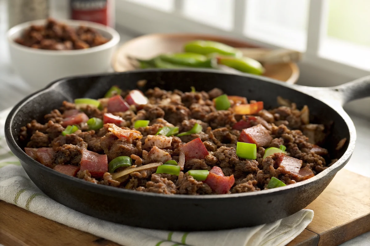 Cast iron skillet with deeply browned ground beef and rendered bacon pieces, diced onion and green pepper cooking down among dark browned bits