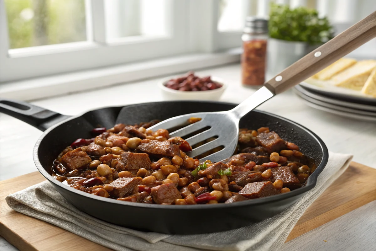 Wide skillet of mixed beans and browned meat in a glossy dark sauce, a spatula dragging a track through the surface that holds its shape