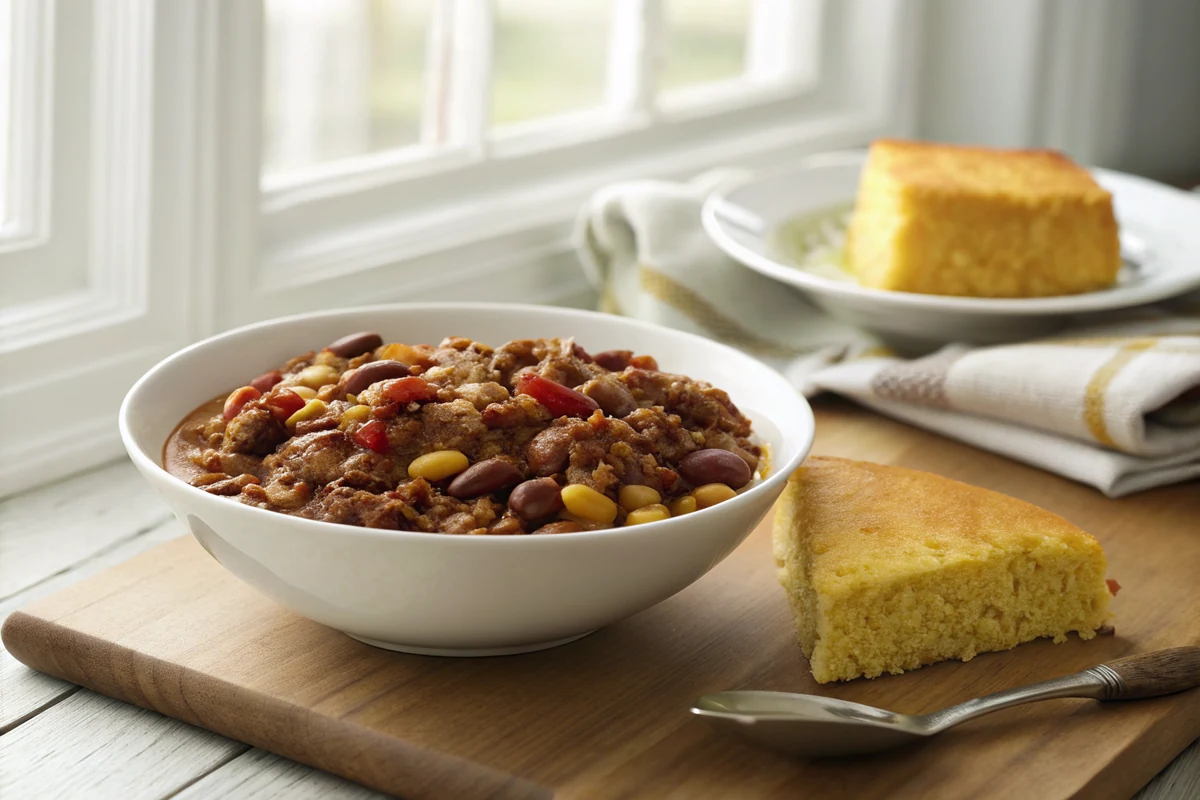 Bowl of hearty cowboy beans with visible ground beef and mixed beans beside a golden wedge of cornbread on a wooden table