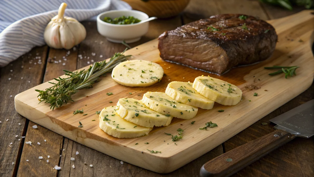Cowboy butter compound butter sliced into coins on a wooden cutting board, fresh herbs and garlic visible in the butter, next to a cooked ribeye with melted butter pooling on the steak surface