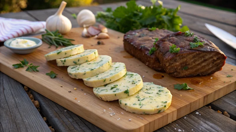 Close-up of a butter coin melting on a hot ribeye showing the herbs releasing into the meat juices, smoked paprika tinting the melted butter golden