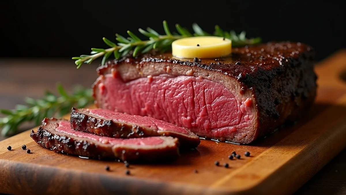 Sliced 2-inch cowboy cut ribeye on a wooden board with mahogany sear crust, pink edge-to-edge interior, melted cowboy butter pooling, fresh thyme