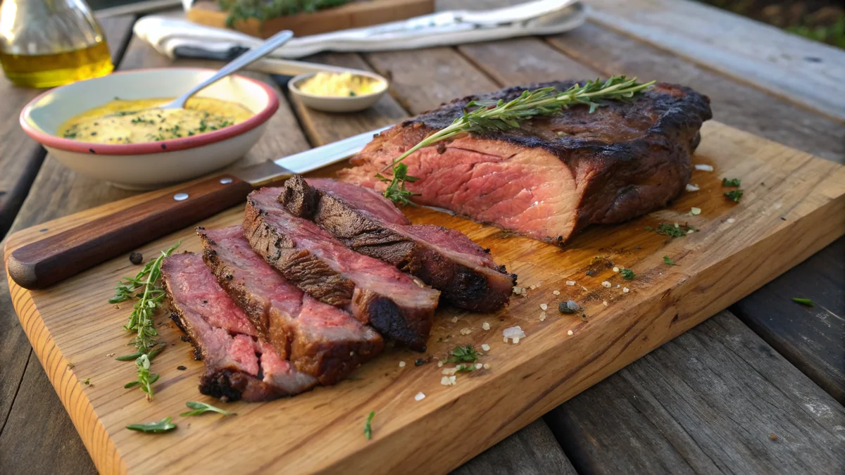 Sliced 2-inch cowboy cut ribeye on a wooden board with mahogany sear crust, pink edge-to-edge interior, melted cowboy butter pooling, fresh thyme