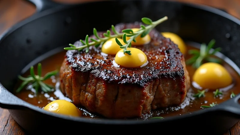 Close-up of a cowboy cut ribeye in a cast iron skillet showing dark crust forming, butter foaming, bone-in shape visible
