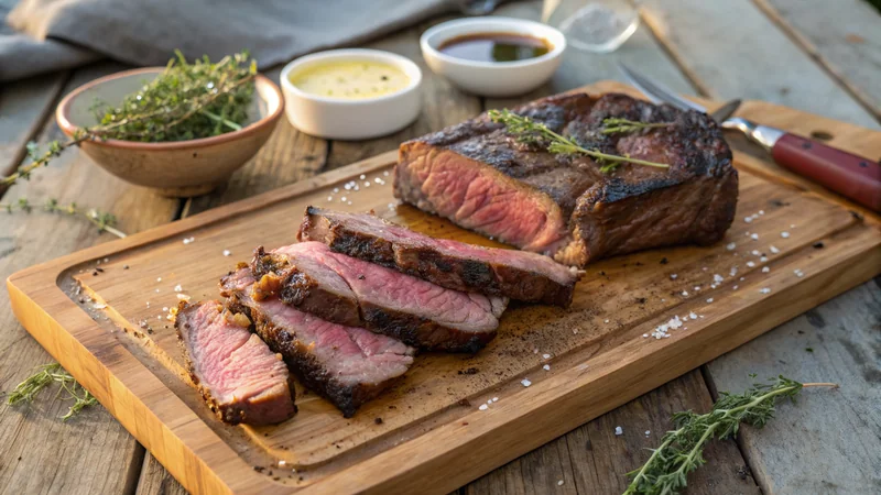Close-up of a cowboy cut ribeye in a cast iron skillet showing dark crust forming, butter foaming, bone-in shape visible