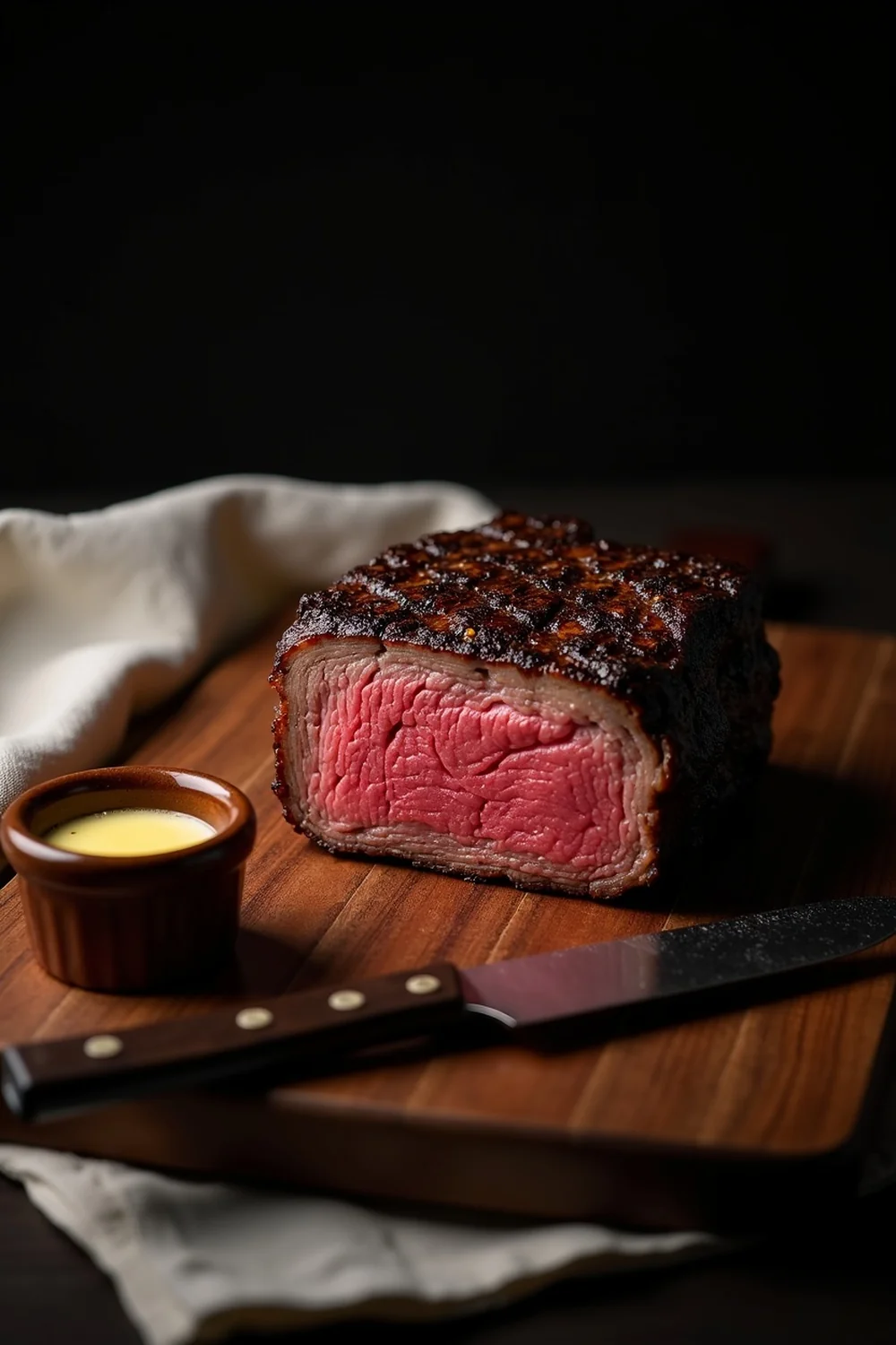 Vertical view of cowboy cut ribeye sliced thick on a wooden board, served with cowboy butter and a steak knife, Texas dinner table
