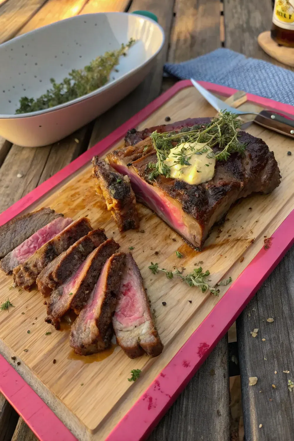 Vertical view of cowboy cut ribeye sliced thick on a wooden board, served with cowboy butter and a steak knife, Texas dinner table