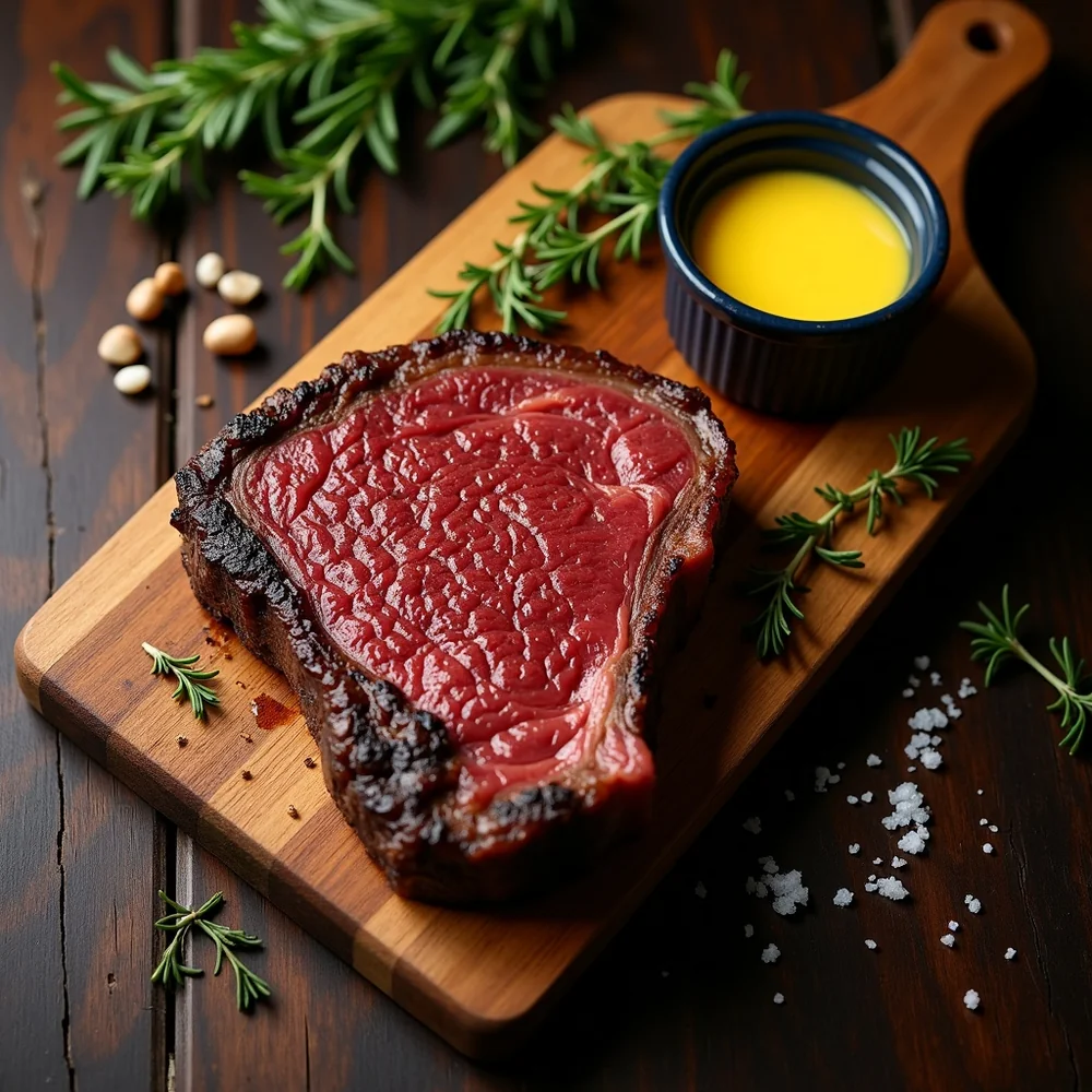 Overhead view of a whole cowboy cut ribeye resting on a board with cowboy butter, thyme sprigs, crushed black pepper, and flake salt