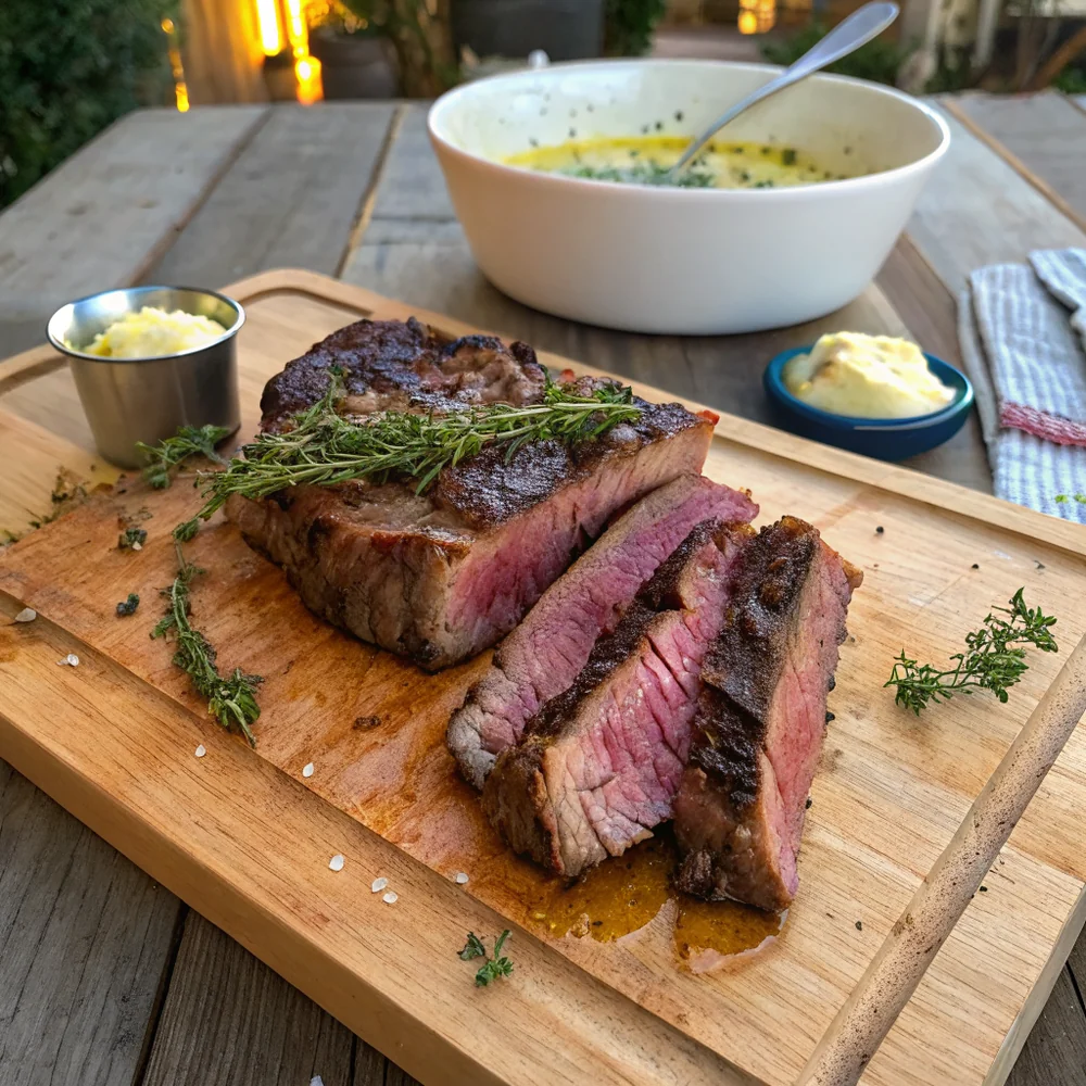 Overhead view of a whole cowboy cut ribeye resting on a board with cowboy butter, thyme sprigs, crushed black pepper, and flake salt