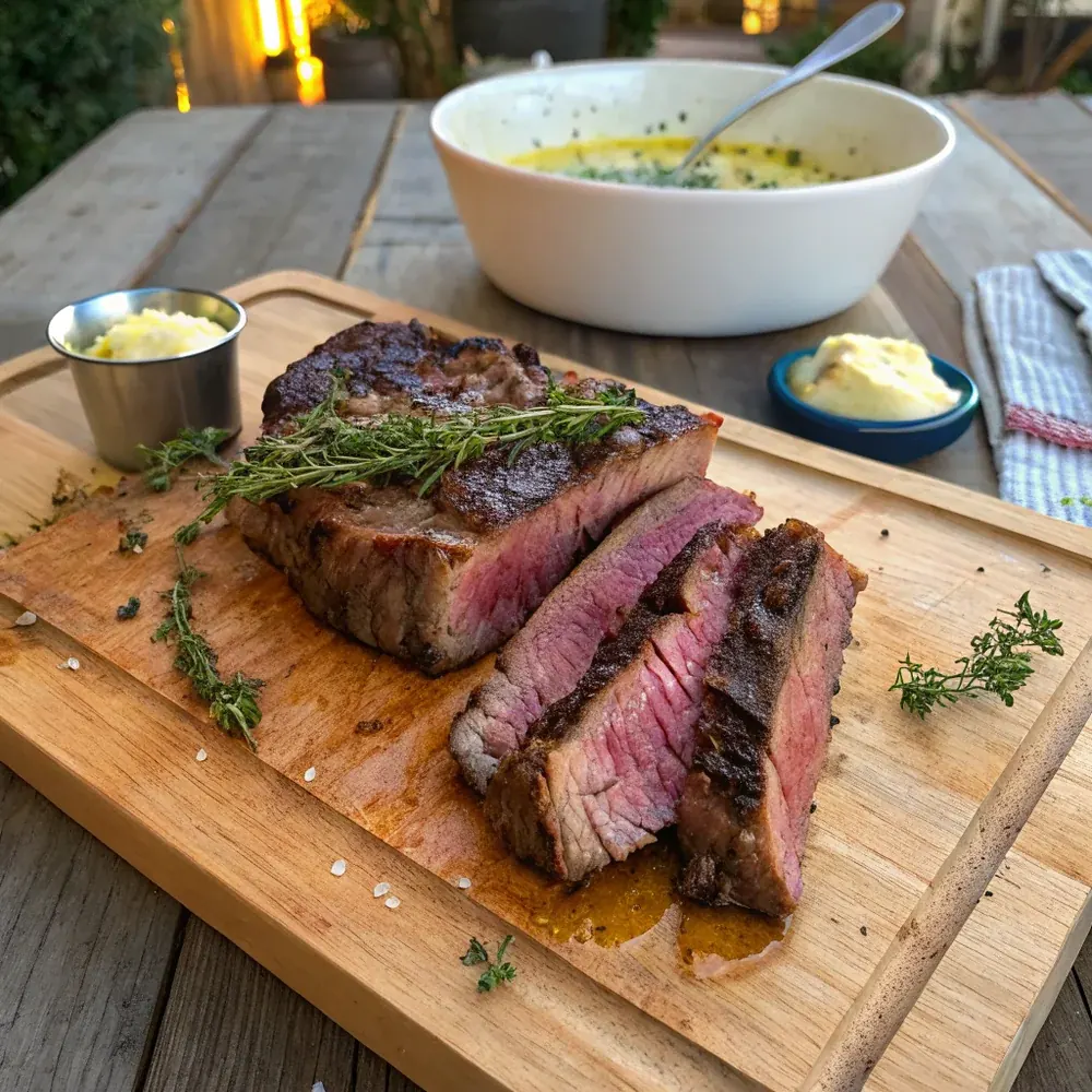 Overhead view of a whole cowboy cut ribeye resting on a board with cowboy butter, thyme sprigs, crushed black pepper, and flake salt