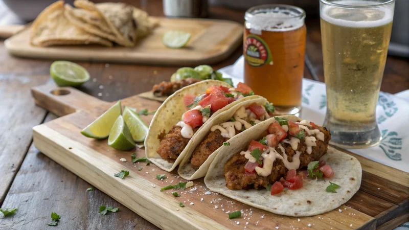 Close-up of one crispy chicken taco showing the achiote-marinated golden chicken edges, fresh cilantro, white crema, and the doubled corn tortilla underneath