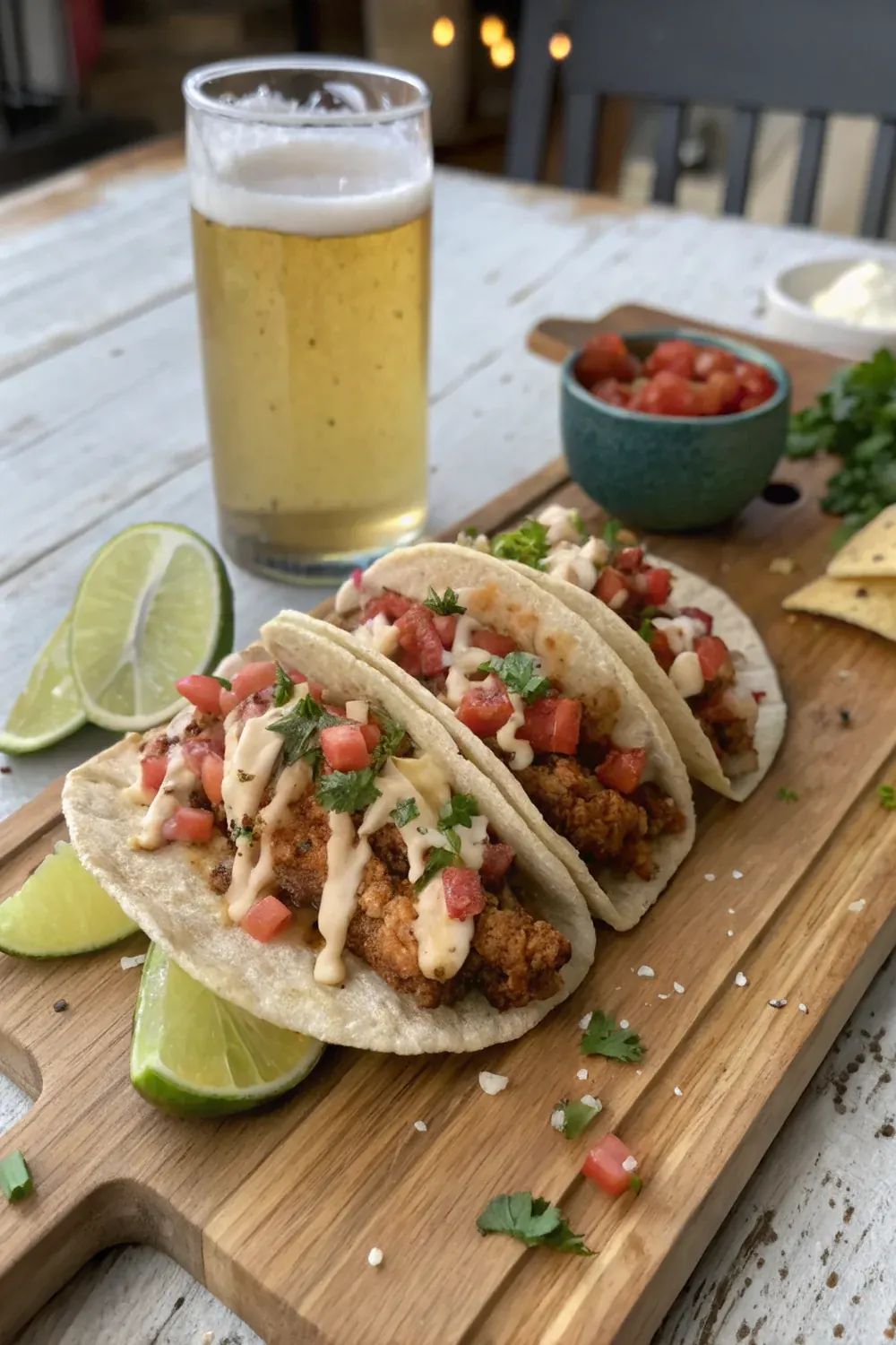 Tex-Mex crispy chicken tacos with chipotle crema vertical view, weeknight dinner, save for taco Tuesday or family Friday