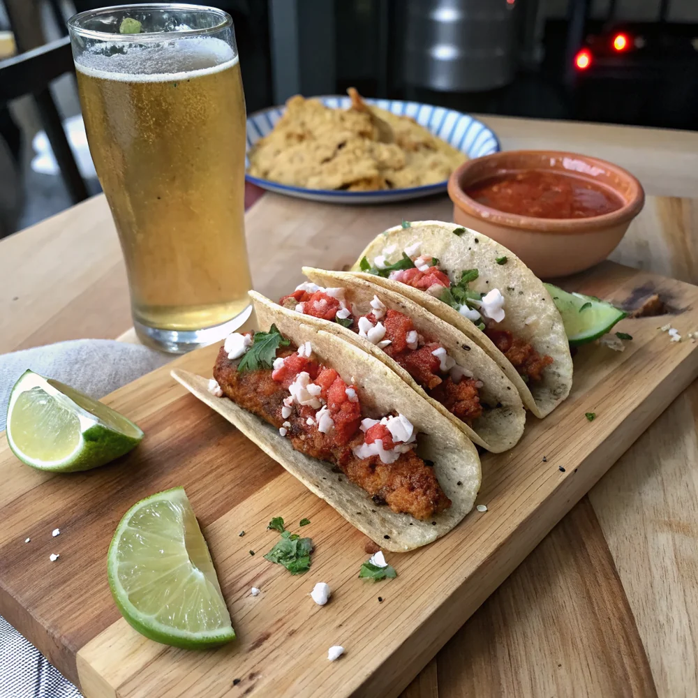 Overhead view of a tray of crispy chicken tacos with toppings in small bowls beside them, ready for a Tex-Mex family dinner spread