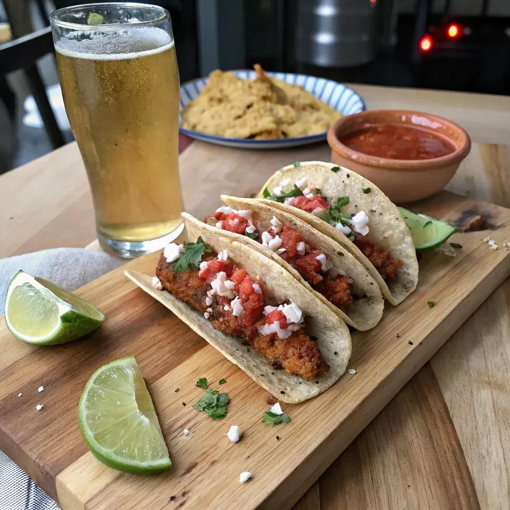 Overhead view of a tray of crispy chicken tacos with toppings in small bowls beside them, ready for a Tex-Mex family dinner spread