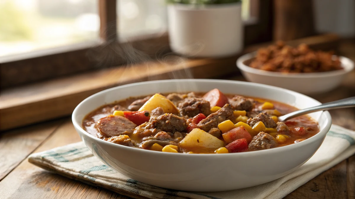 Crockpot Cowboy Stew recipe by Chef Mia, photographed in a natural light Texas kitchen